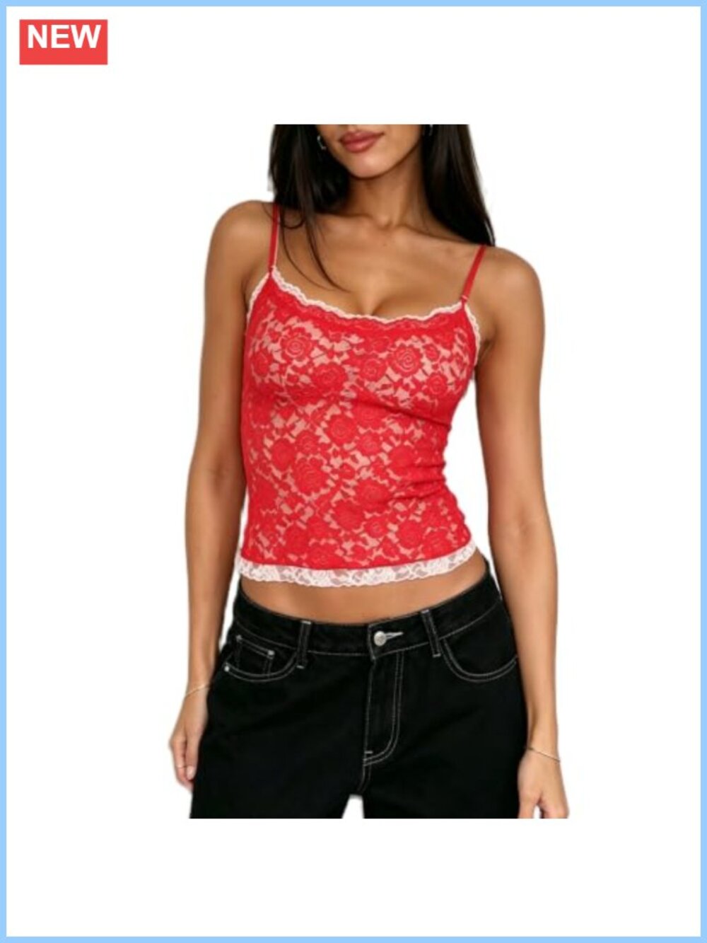 Y2K Lace Trim Camisole Spaghetti Strap Square Neck Slim Fitted Tank Top